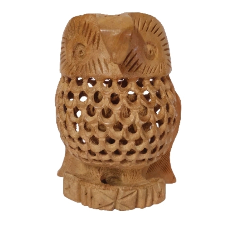 Wooden Hand Carved Wildlife Brown Owl Bird Sculpture Figurine